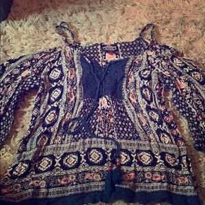 Blue white and pink cold shoulder blouse